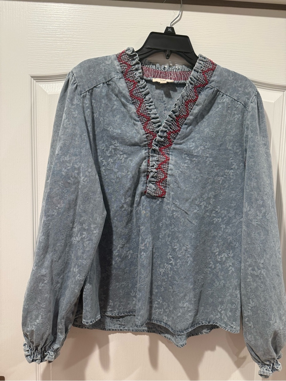 Easel Washed Blue Long-Sleeve Ruffle V-Neck Women's Top